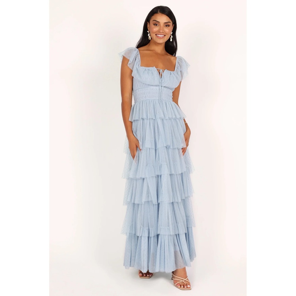 Petal + Pup Belle Maxi Dress Women M Blue Tulle Tiered Ruffle Whimsy Coquette
